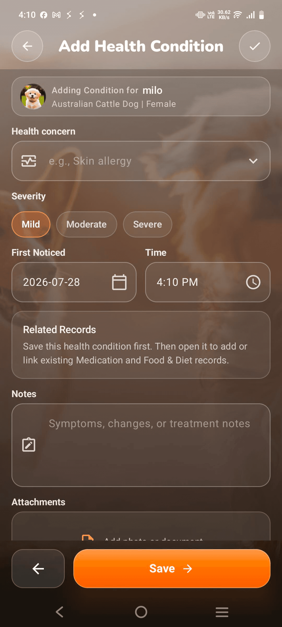 PawsClick add Health Condition screen