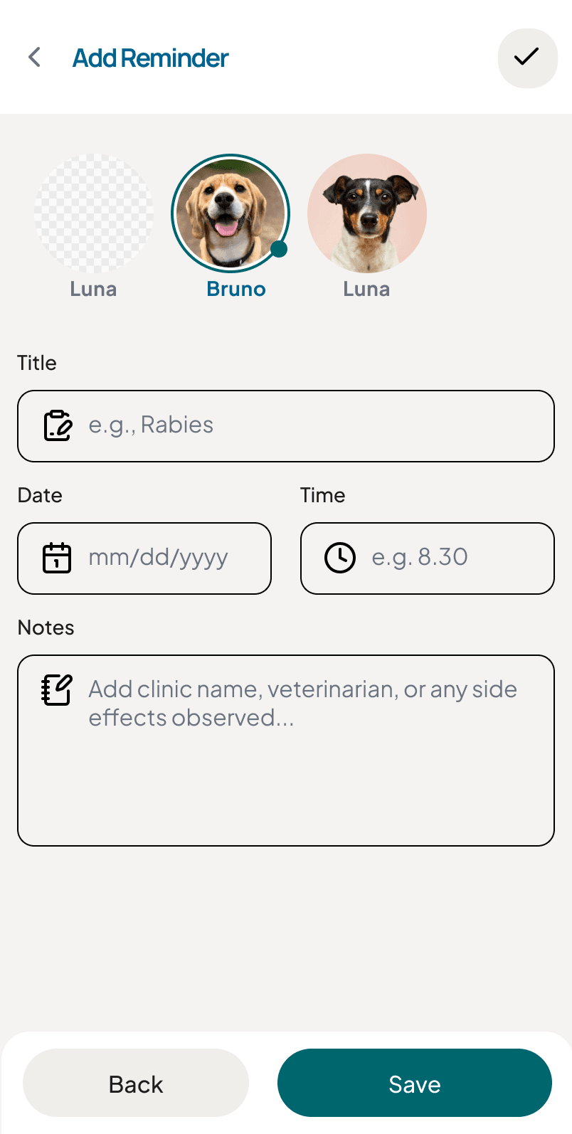 PawsClick Smart Reminders screen with a vaccine reminder toggle, date, and time