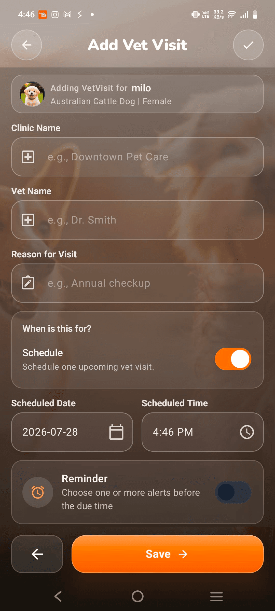 PawsClick Add Vet Visit form with receipt and report attachment area