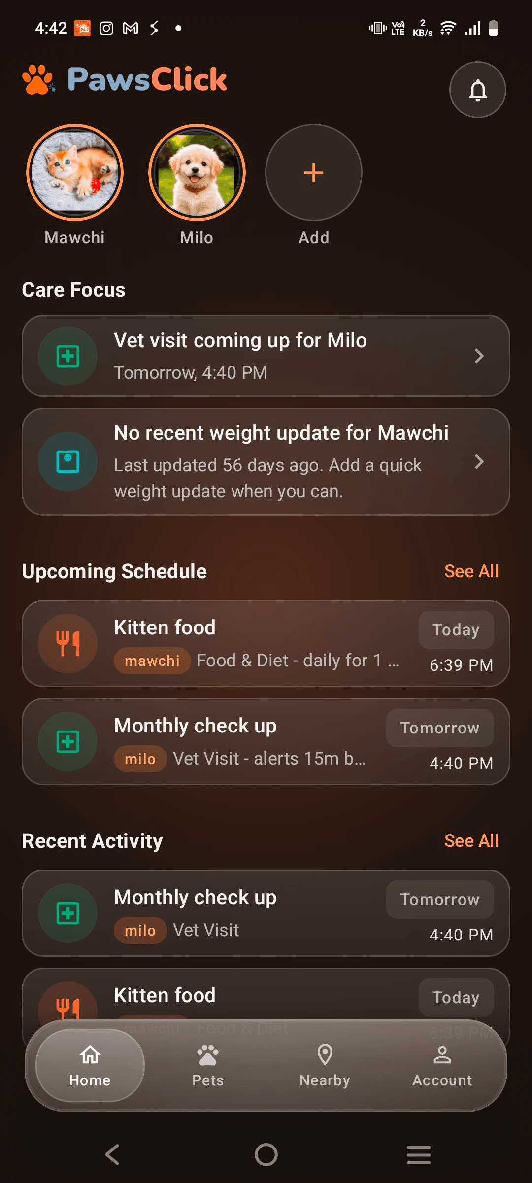 PawsClick home screen with pet health actions