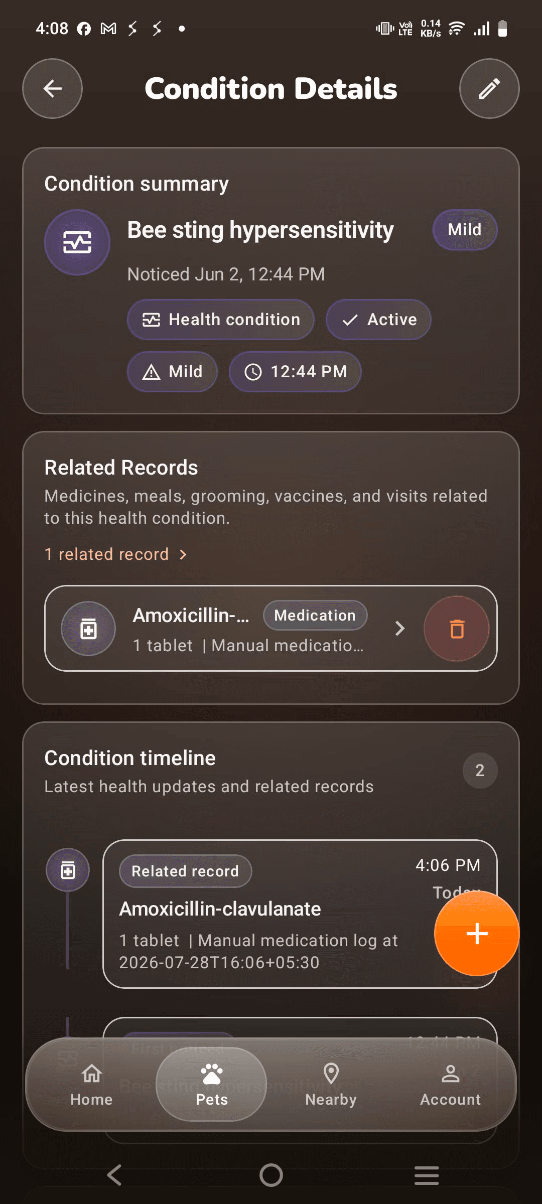 PawsClick Health Condition screen with related records