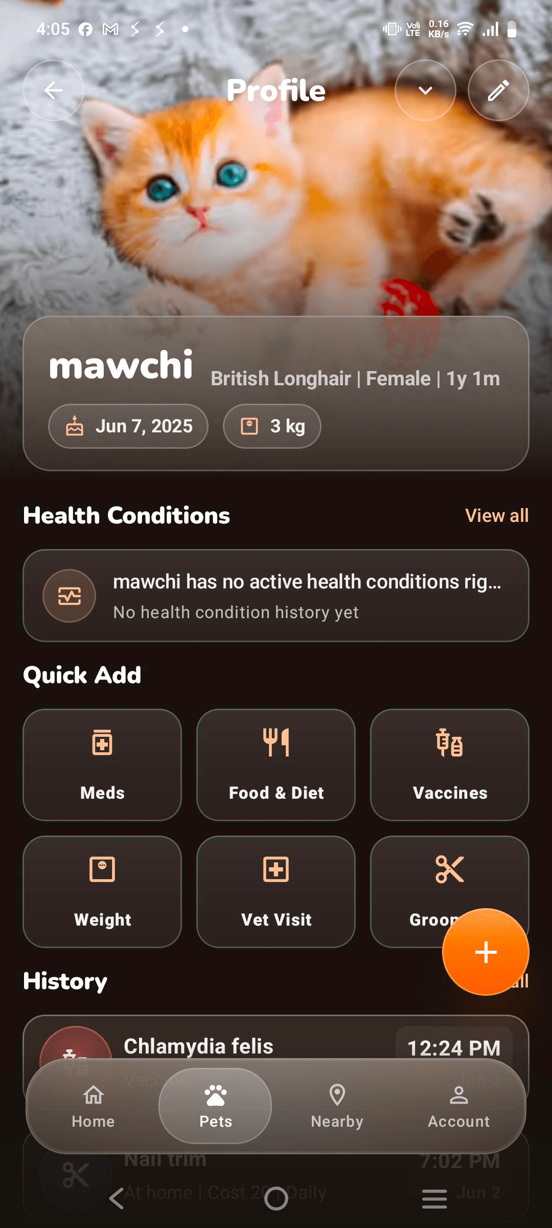 PawsClick pet profile records screen