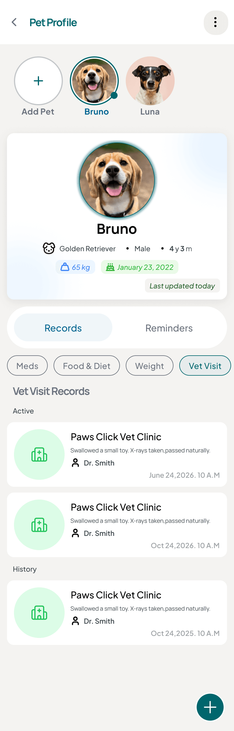 PawsClick pet profile vet visit history with attached prescriptions and reports