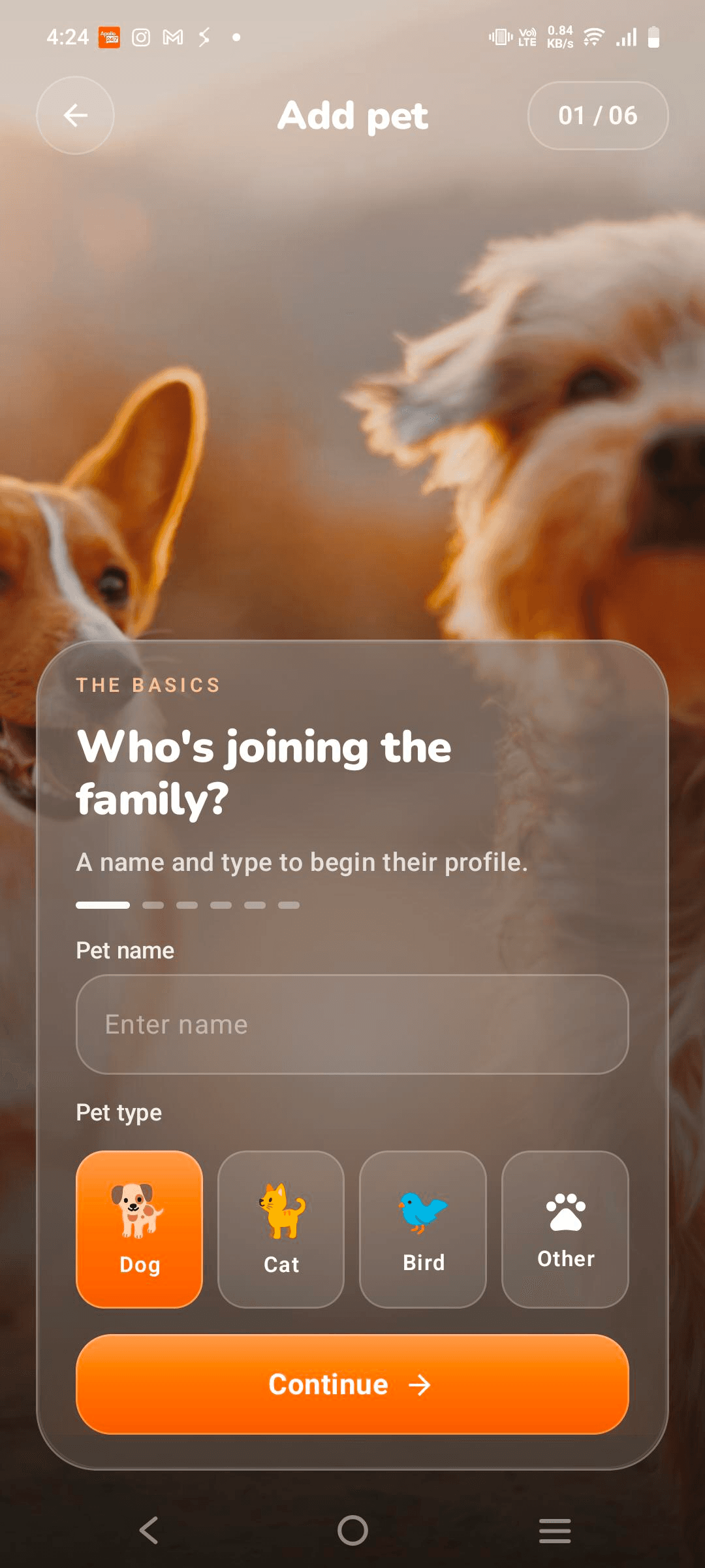 PawsClick add pet screen