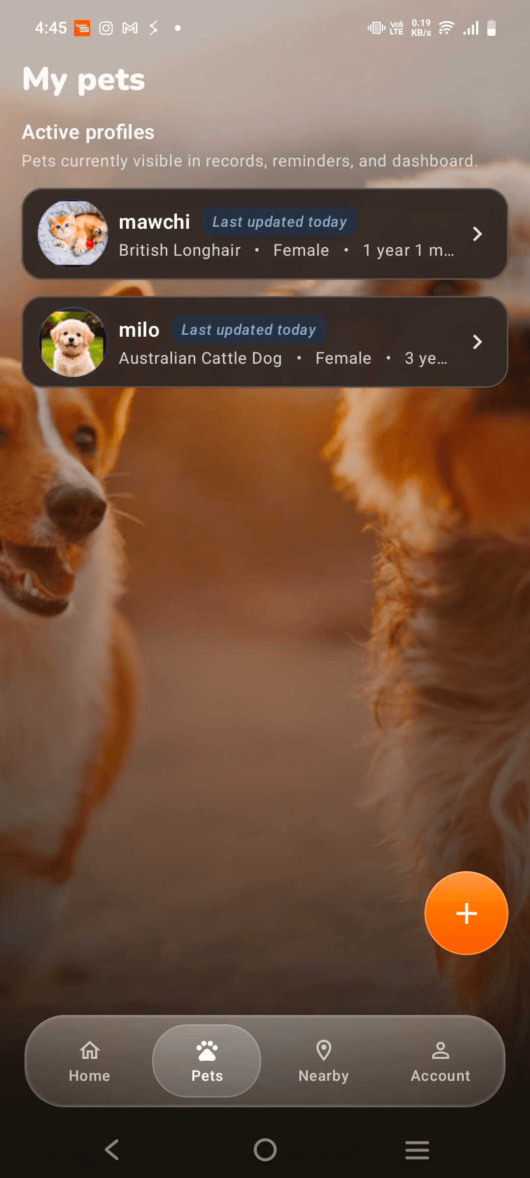 PawsClick My Pets screen showing multiple pet profiles in one account
